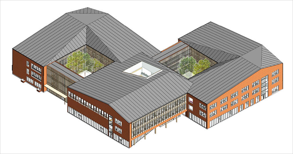 Illustration av White arkitektbyrå av hur gymnasieskolan ska se ut. En stor byggnad med stora fönsterpartier.