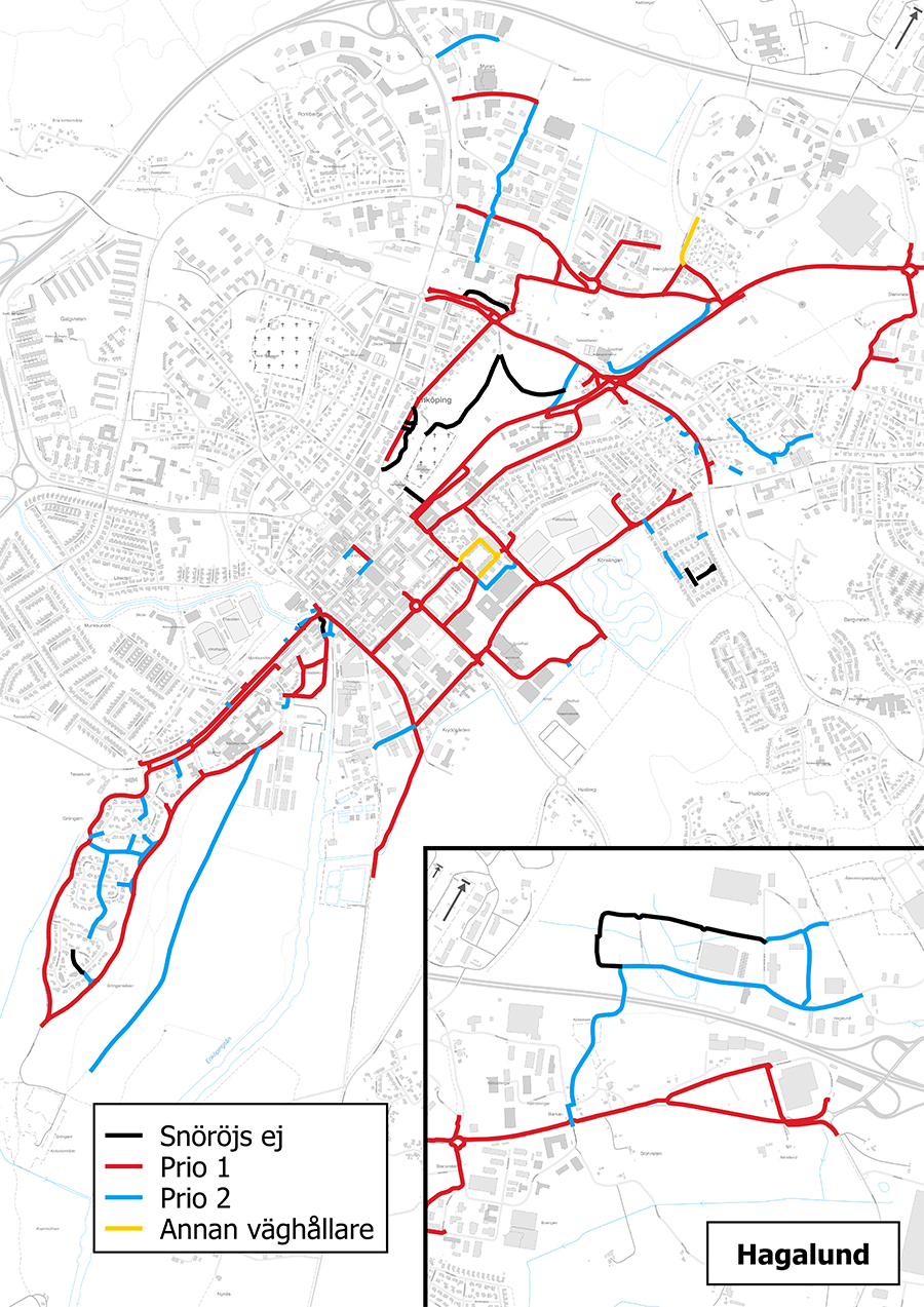 Karta som visar vilka cykelvägar som snöröjs först i mellersta Enköping. 