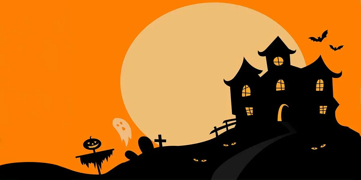Tecknad illustration av ett hemsökt hus högt upp på en kulle med temat halloween.